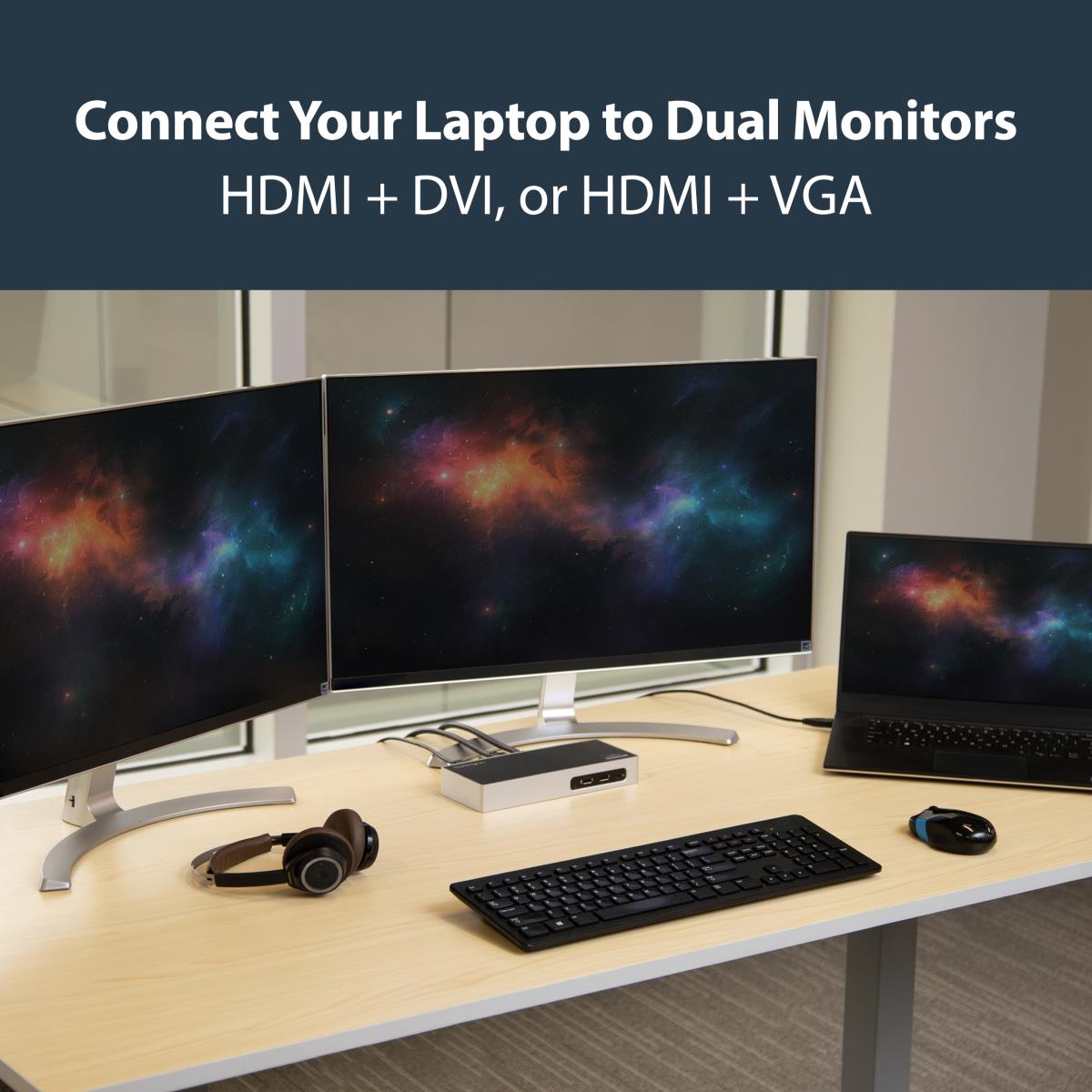 USB 3.0 Docking Station, Dual Monitor Laptop Docking Station with HDMI & DVI/VGA Video, 6-port USB 3.1 Gen 1 5Gbps Hub, GbE, Audio, Universal USB Type-A Dock, Windows & Mac - Dual Display Dock (DK30ADD) - Docking station - USB - DVI, HDMI - 1GbE - for P/N thumbnail