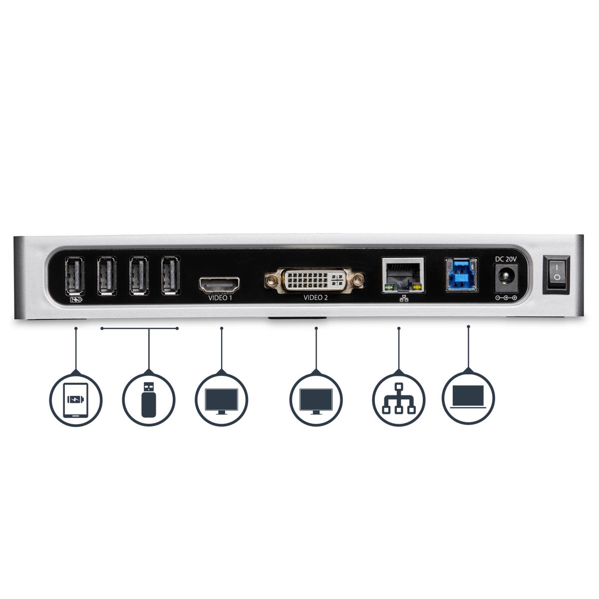 USB 3.0 Docking Station, Dual Monitor Laptop Docking Station with HDMI & DVI/VGA Video, 6-port USB 3.1 Gen 1 5Gbps Hub, GbE, Audio, Universal USB Type-A Dock, Windows & Mac - Dual Display Dock (DK30ADD) - Docking station - USB - DVI, HDMI - 1GbE - for P/N thumbnail