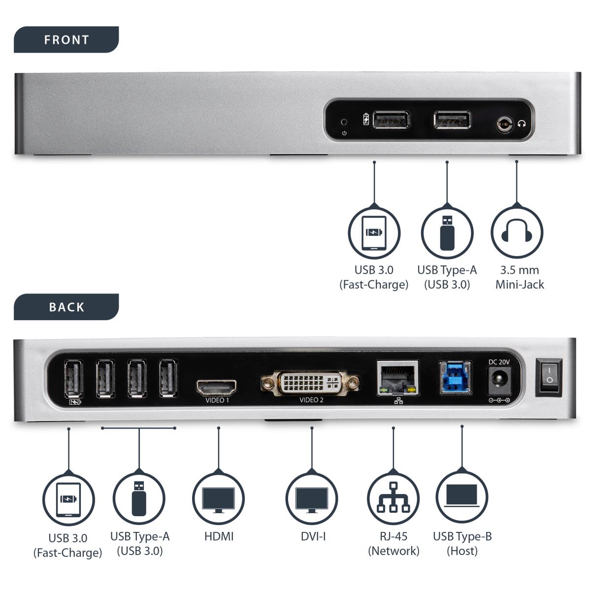 USB 3.0 Docking Station, Dual Monitor Laptop Docking Station with HDMI & DVI/VGA Video, 6-port USB 3.1 Gen 1 5Gbps Hub, GbE, Audio, Universal USB Type-A Dock, Windows & Mac - Dual Display Dock (DK30ADD) - Docking station - USB - DVI, HDMI - 1GbE - for P/N thumbnail