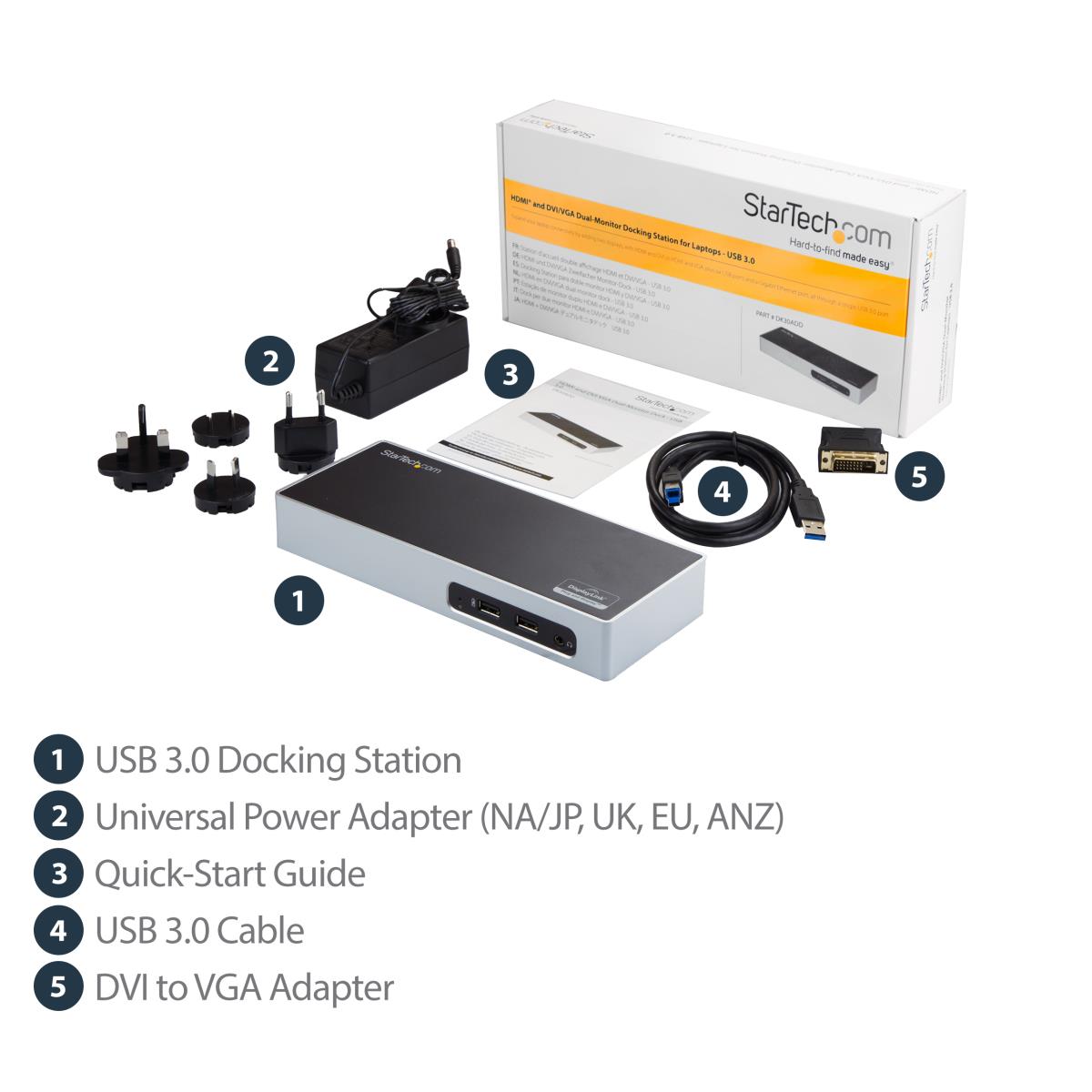 USB 3.0 Docking Station, Dual Monitor Laptop Docking Station with HDMI & DVI/VGA Video, 6-port USB 3.1 Gen 1 5Gbps Hub, GbE, Audio, Universal USB Type-A Dock, Windows & Mac - Dual Display Dock (DK30ADD) - Docking station - USB - DVI, HDMI - 1GbE - for P/N thumbnail