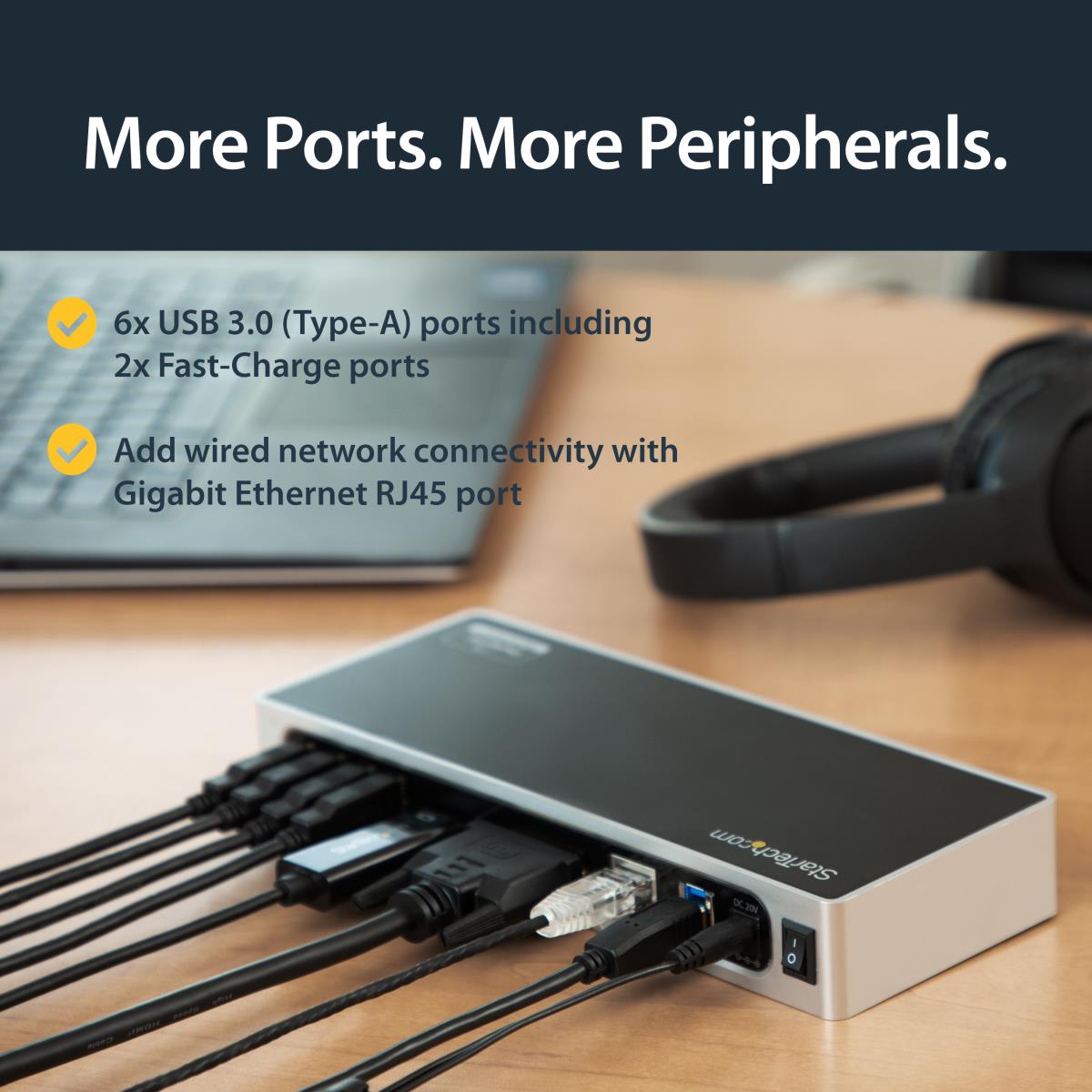 USB 3.0 Docking Station, Dual Monitor Laptop Docking Station with HDMI & DVI/VGA Video, 6-port USB 3.1 Gen 1 5Gbps Hub, GbE, Audio, Universal USB Type-A Dock, Windows & Mac - Dual Display Dock (DK30ADD) - Docking station - USB - DVI, HDMI - 1GbE - for P/N thumbnail