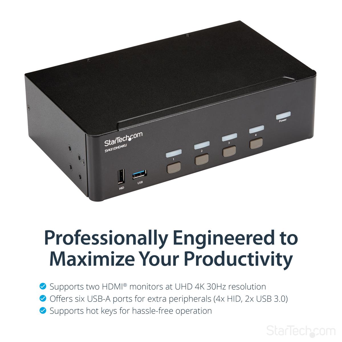 StarTech.com 4-Port Dual Monitor HDMI KVM Switch with Audio & USB 3.0 hub - 4K 30Hz - 4 PC Mac Computer KVM Switch Box for HDMI Display (SV431DHD4KU) - KVM / audio / USB switch - 4 x KVM / audio / USB - rack-mountable thumbnail