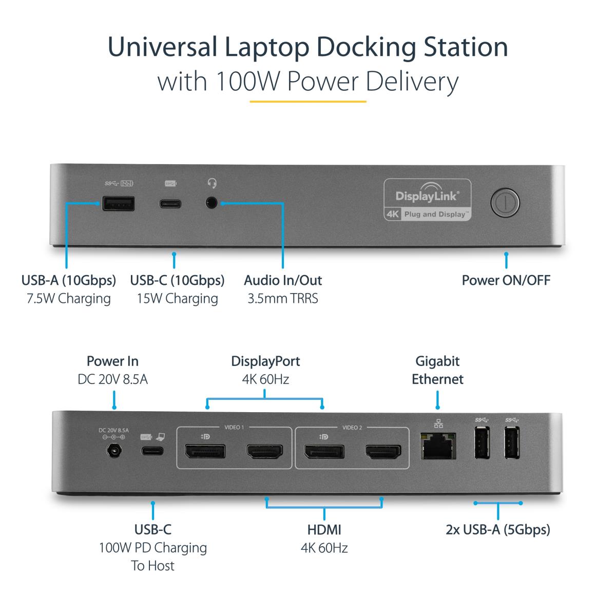 USB-C & USB-A Dock, Hybrid Universal Laptop Docking Station with 100W Power Delivery, Dual Monitor 4K 60Hz HDMI & DisplayPort, 4x USB 3.1 Gen 1 Hub, Gigabit Ethernet (GbE) - Hybrid USB Type-C Dock (DK30C2DPEPUE) - Docking station - USB-C - 2 x HDMI, 2 x D thumbnail