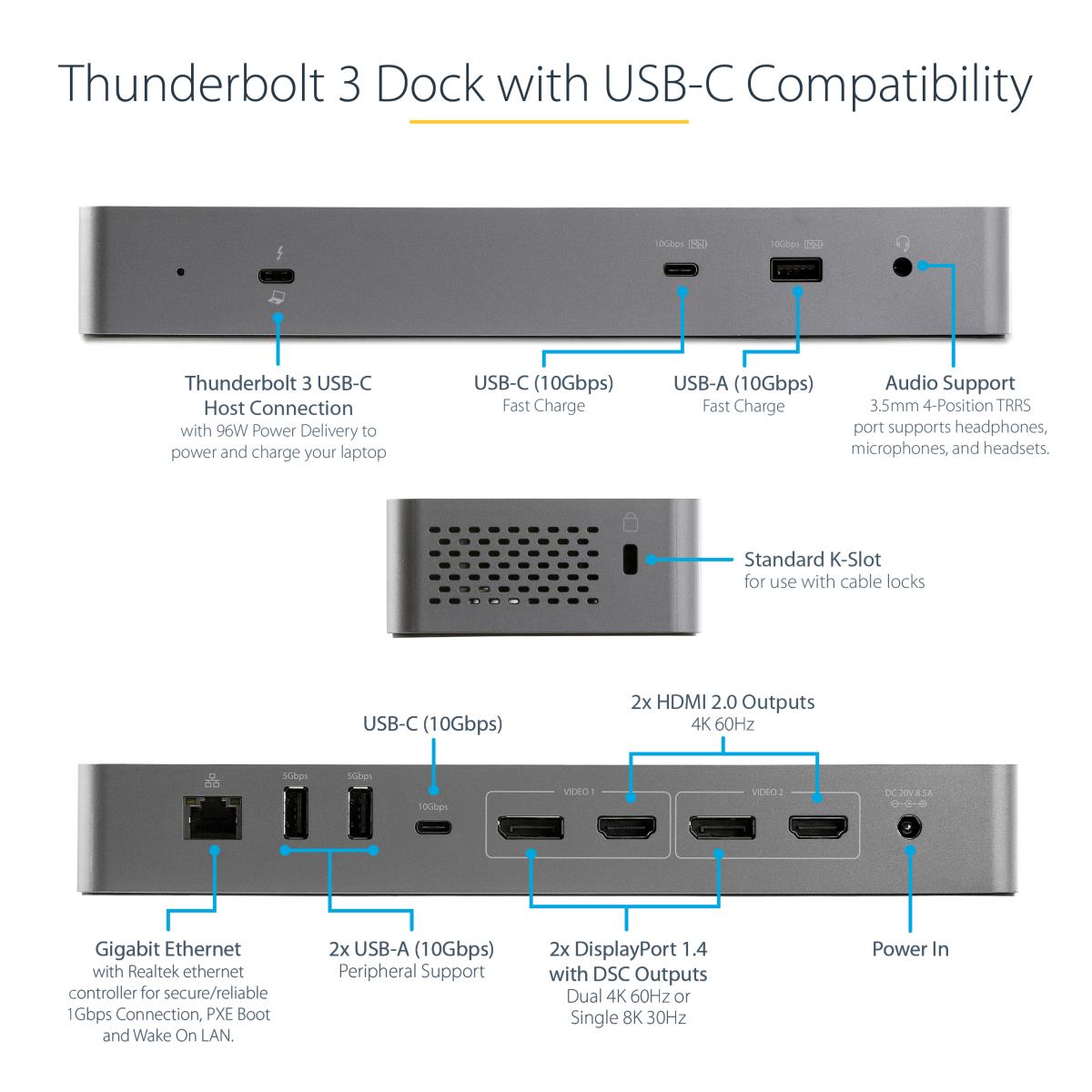 Thunderbolt 3 Dock with USB-C Host Compatibility, Dual 4K 60Hz DisplayPort 1.4 or Dual HDMI 2.0 Monitors, Single 8K, TB3/USB-C Laptop Docking Station, 96W PD, 5x USB, 10Gbps - 96W Power Delivery (TB3CDK2DHUE) - Docking station - USB-C 3.2 Gen 2 / Thunderb thumbnail