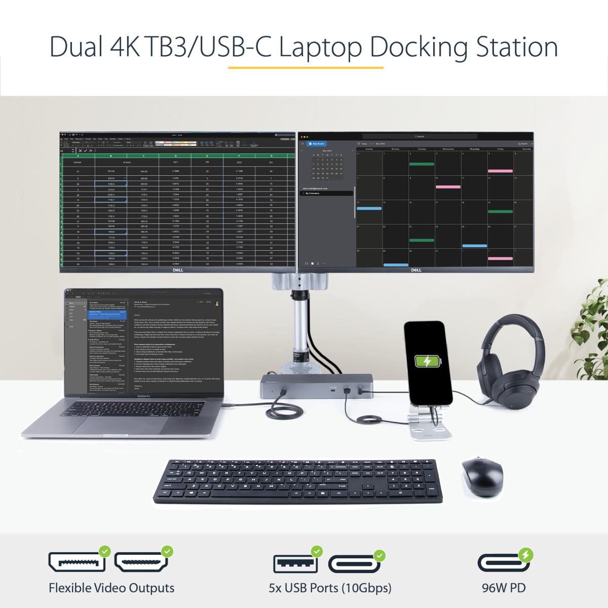 Thunderbolt 3 Dock with USB-C Host Compatibility, Dual 4K 60Hz DisplayPort 1.4 or Dual HDMI 2.0 Monitors, Single 8K, TB3/USB-C Laptop Docking Station, 96W PD, 5x USB, 10Gbps - 96W Power Delivery (TB3CDK2DHUE) - Docking station - USB-C 3.2 Gen 2 / Thunderb thumbnail
