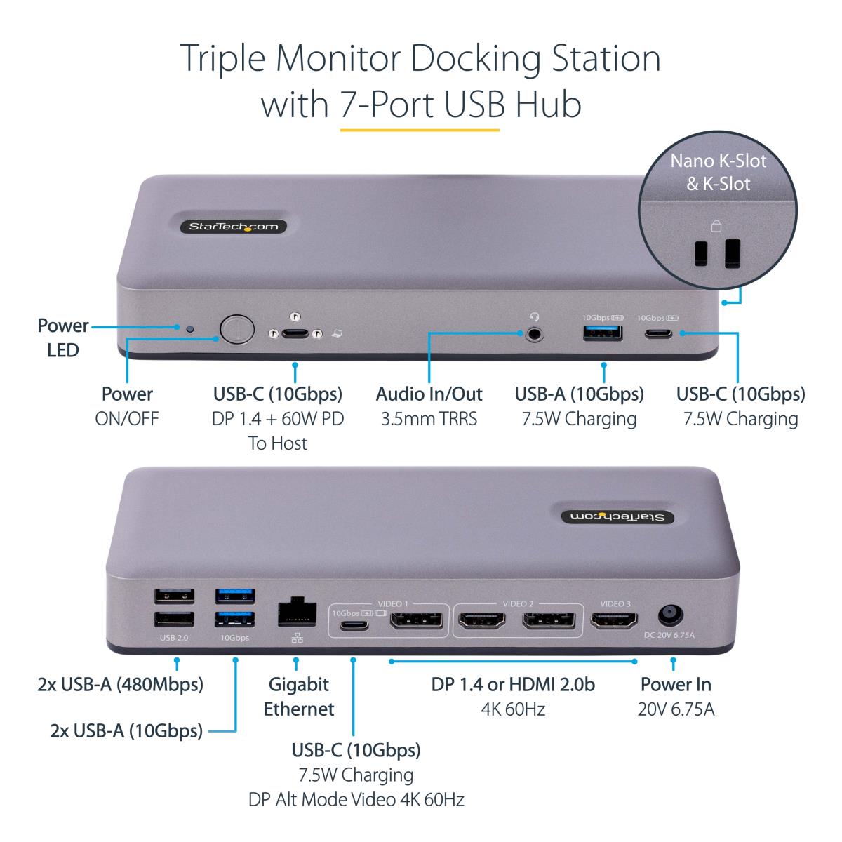 USB-C Docking Station - Multi Monitor HDMI/DP/DP Alt Mode USB-C Dock - 3x 4K30 / 2x 4K60 - 7-Port USB Hub - 60W Power Delivery - GbE - 3.5mm Audio - Works With Chromebook certified - Docking station - USB-C / Thunderbolt 3 / Thunderbolt 4 - 2 x HDMI, 2 x thumbnail