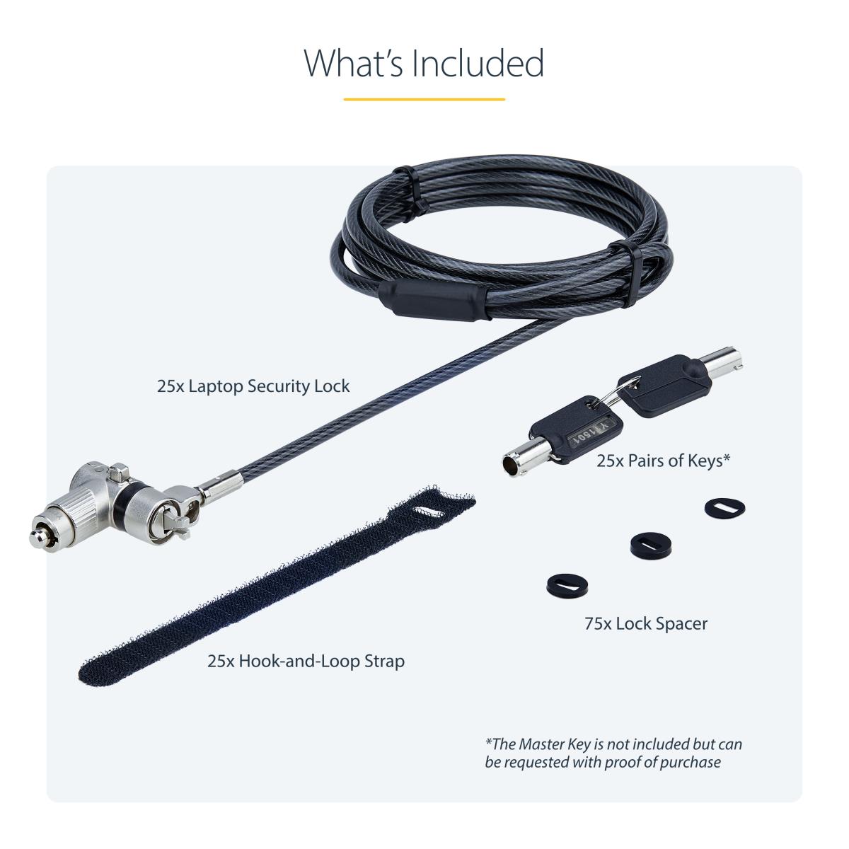 25-Pack Universal Laptop Lock 6.6ft (2m), Master Keyed Locking Cable, Computer Security, Compatible w/Noble Wedge/Nano/K-Slot, Anti-Theft Cut-Resistant Cable - Security cable lock - black & silver - 2 m - TAA Compliant (pack of 25) thumbnail