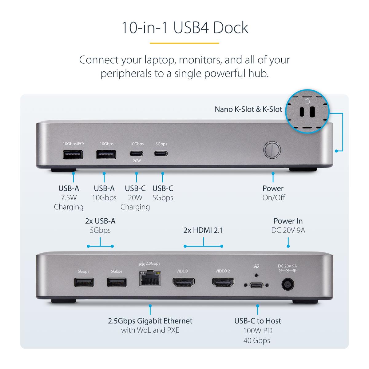 USB4 Docking Station, USB-C 40Gbps, Dual Video HDMI, Up to 2x 4K 60Hz 4:4:4 (RGB) or 2x 4K 120Hz 4:2:2, Multi-Monitor Dock, 6x USB, 2.5GbE, 100W PD - Docking station - USB4 / Thunderbolt 4 - 2 x HDMI - 1GbE, 2.5GbE - 180 Watt thumbnail