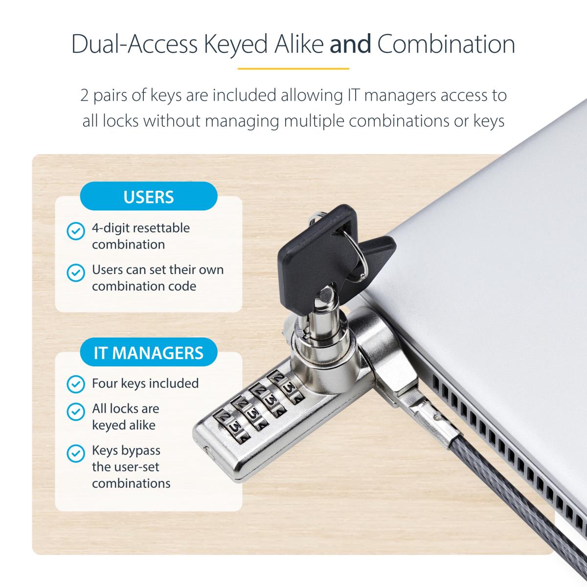 10-Pack Dual-Access Laptop Lock, 6.5ft (2m) Keyed Alike and Combination Security Cable Lock for K-Slot Devices, Computer Anti-Theft Steel Cable - Security cable lock - black & silver - 2 m (pack of 10) thumbnail