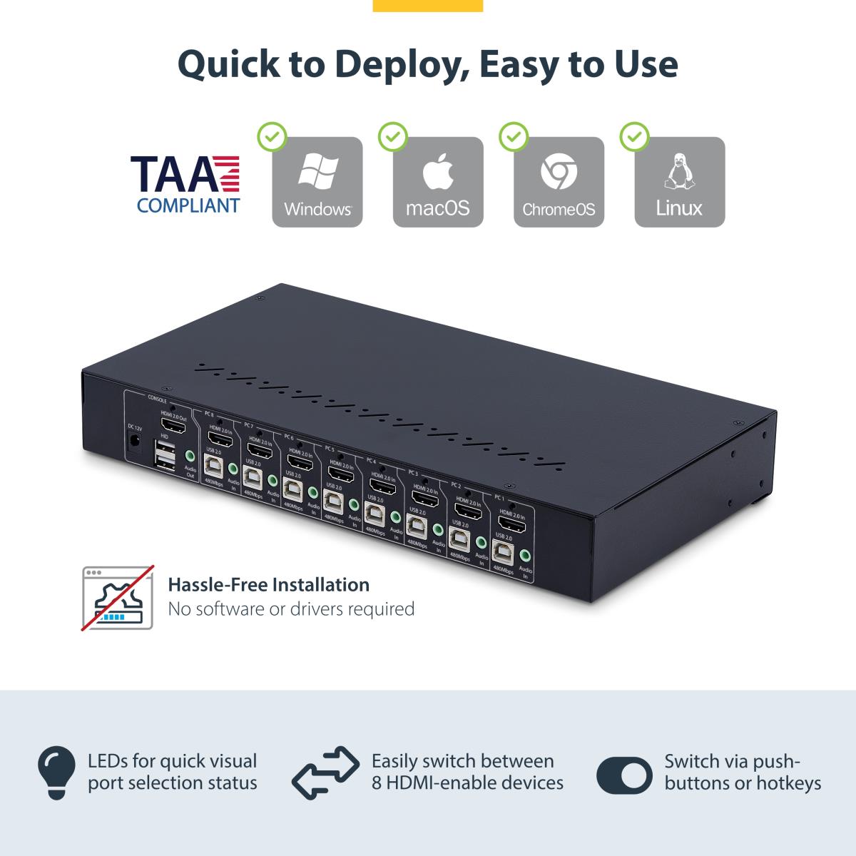 8-Port HDMI KVM Switch w/1U Rack Mount Kit, 4K 60Hz - KVM switch - 8 x KVM port(s) - 1 local user - desktop - TAA Compliant thumbnail