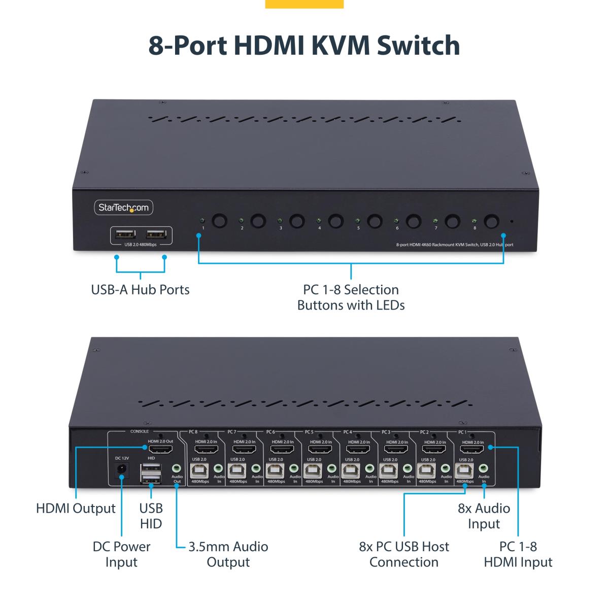 8-Port HDMI KVM Switch w/1U Rack Mount Kit, 4K 60Hz - KVM switch - 8 x KVM port(s) - 1 local user - desktop - TAA Compliant thumbnail