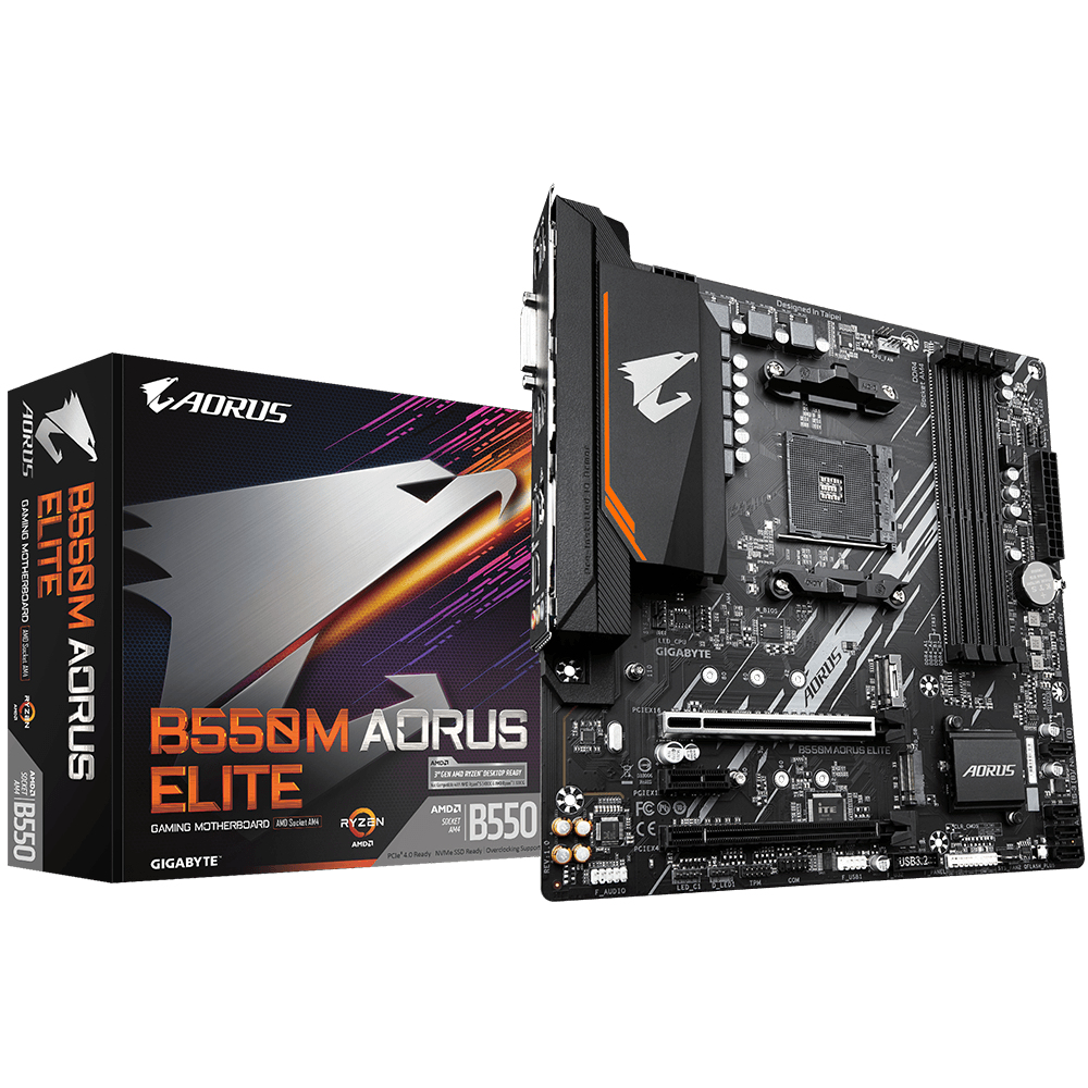 B550M AORUS ELITE Ultra Durable AMD AM4 Socket Motherboard, Micro-ATX, 4x DDR4 Slots, 2x M.2 Sockets, Fitted I/O Shield, GbE LAN, 1x DVI-D / 1x HDMI Port thumbnail