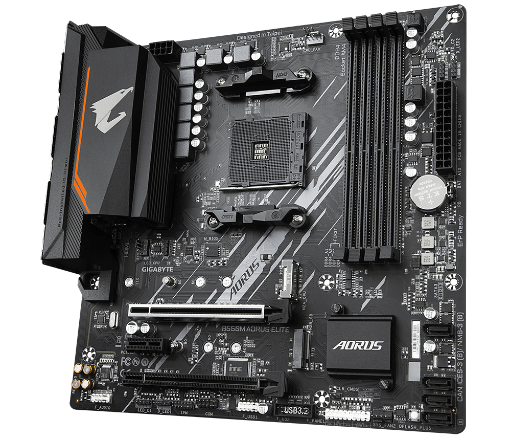 B550M AORUS ELITE Ultra Durable AMD AM4 Socket Motherboard, Micro-ATX, 4x DDR4 Slots, 2x M.2 Sockets, Fitted I/O Shield, GbE LAN, 1x DVI-D / 1x HDMI Port thumbnail