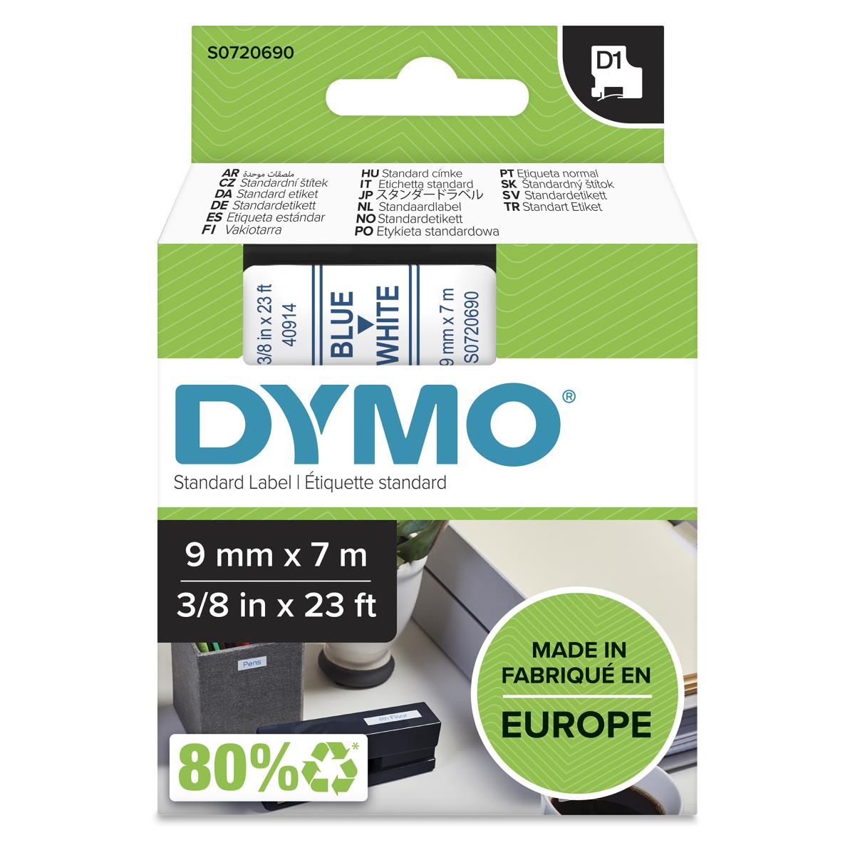 40914 D1 9mm x 7m Blue on White Tape thumbnail