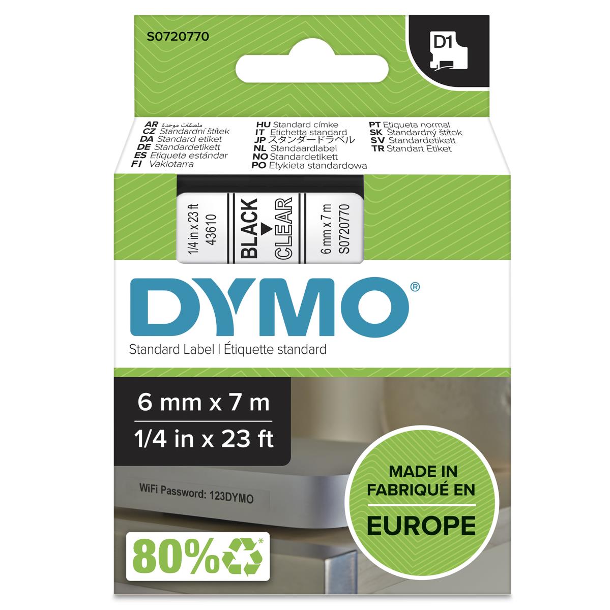 43610 D1 6mm x 7m Black on Clear Tape thumbnail