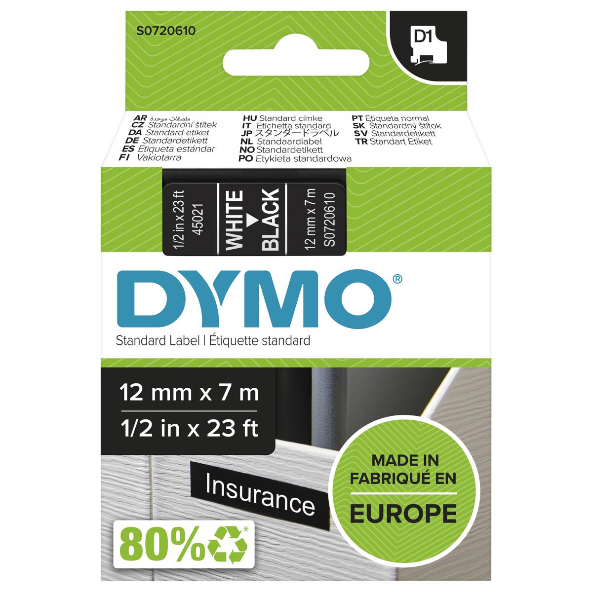 45021 D1 12mm x 7m White on Black Tape thumbnail