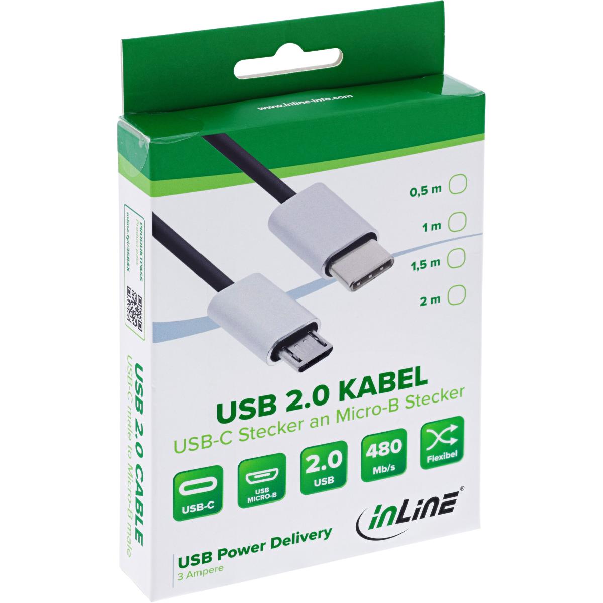EU Product - - USB 2.0 Kabel, Typ C Stecker an Micro-B Stecker, schwarz/Alu, flexibel, 0.5m thumbnail