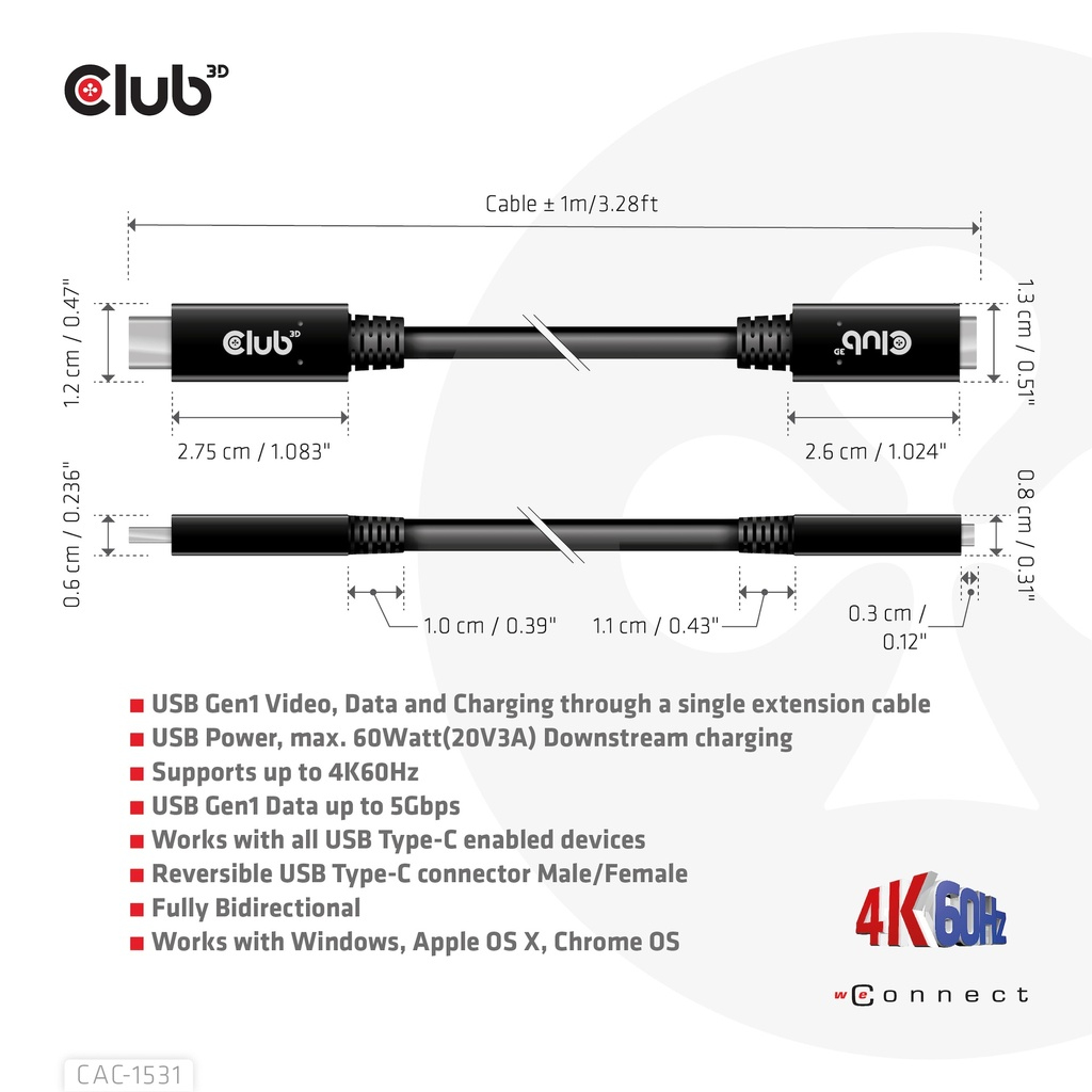 EU Product - CAC-1531 - Usb-Verlngerungskabel - Usb-C m bis W - 20 V - 3 A - 1 - Cable - Digital thumbnail