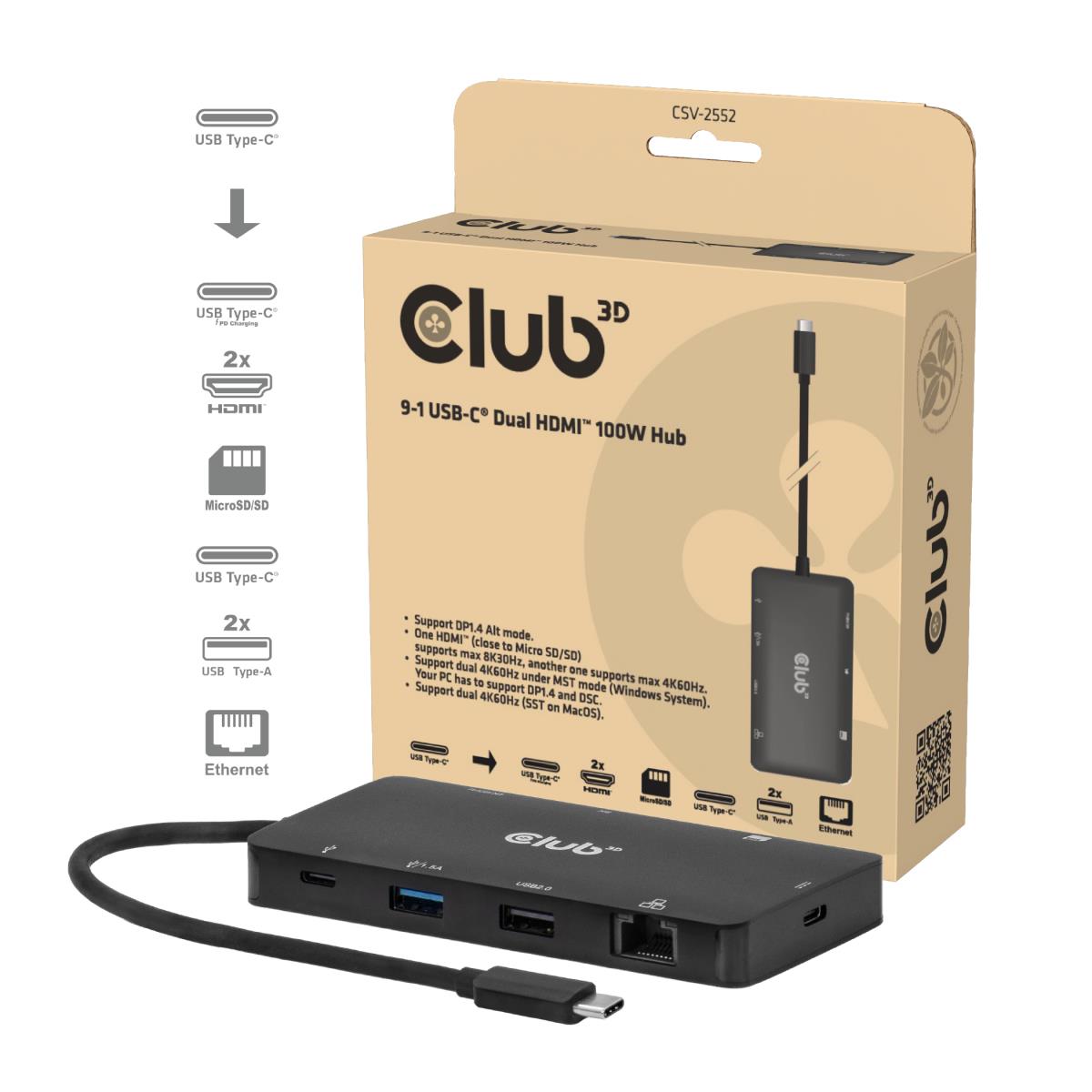 EU Product - Club3D USB-C 9in1-HUB >2xHDMI/2xUSB/USB-C/LAN 4K60Hz  PD100W retail thumbnail