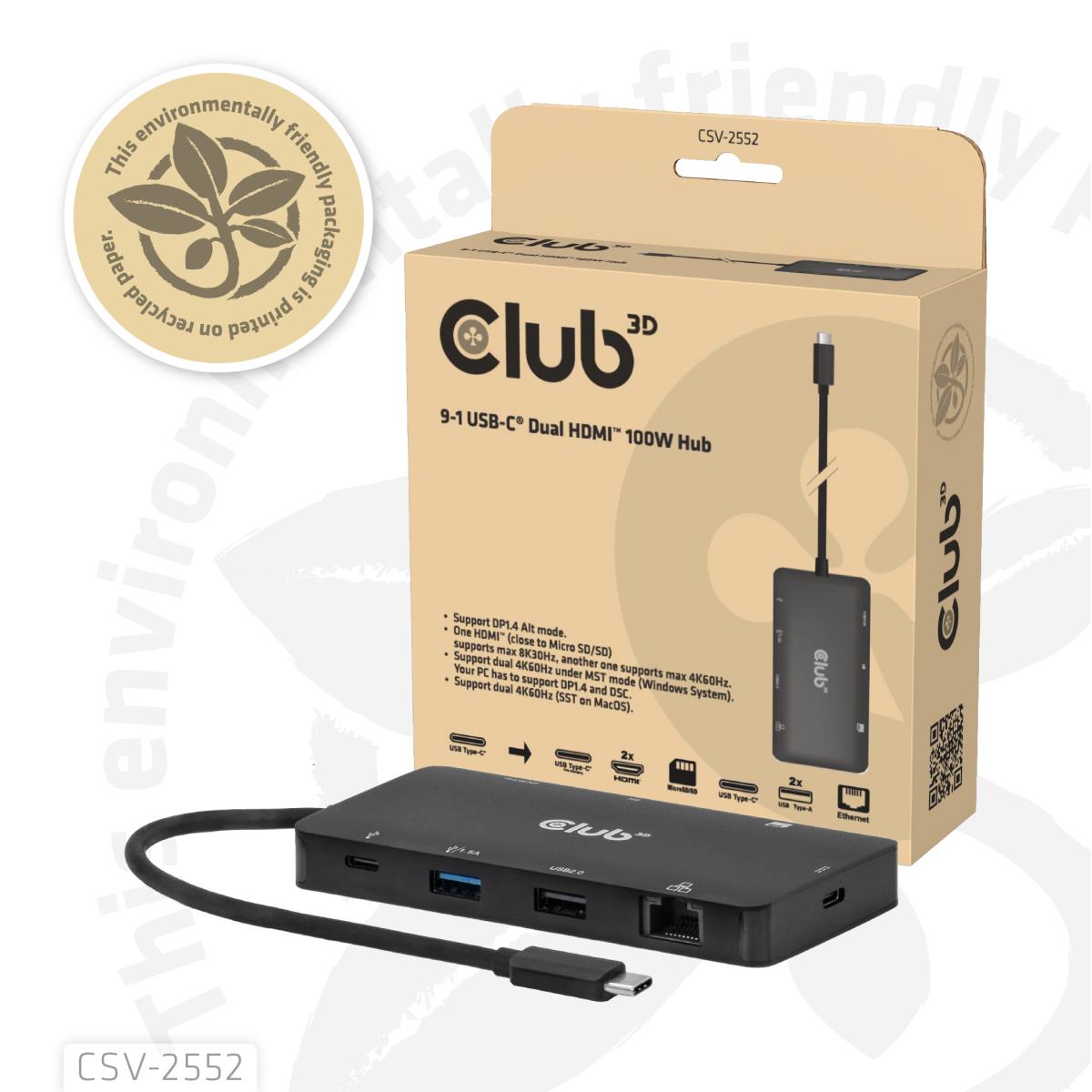 EU Product - Club3D USB-C 9in1-HUB >2xHDMI/2xUSB/USB-C/LAN 4K60Hz  PD100W retail thumbnail