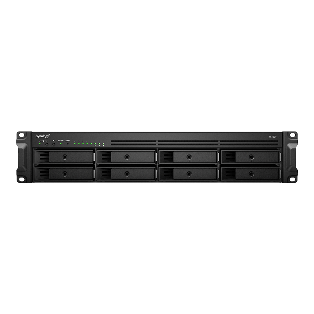 RS1221+ 8-bay ultra-compact network attached storage solution; designed for enterprises looking for a cost-effective consolidated backup solution; AMD RyzenTM V1500B quad-core 2.2 GHz and 4GB DDR4 onboard (expandable up to 32 GB) thumbnail
