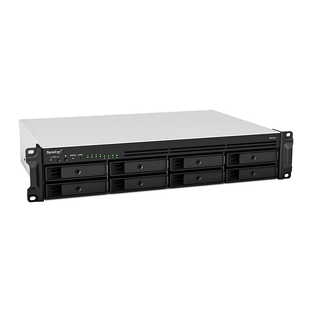RS1221+ 8-bay ultra-compact network attached storage solution; designed for enterprises looking for a cost-effective consolidated backup solution; AMD RyzenTM V1500B quad-core 2.2 GHz and 4GB DDR4 onboard (expandable up to 32 GB) thumbnail