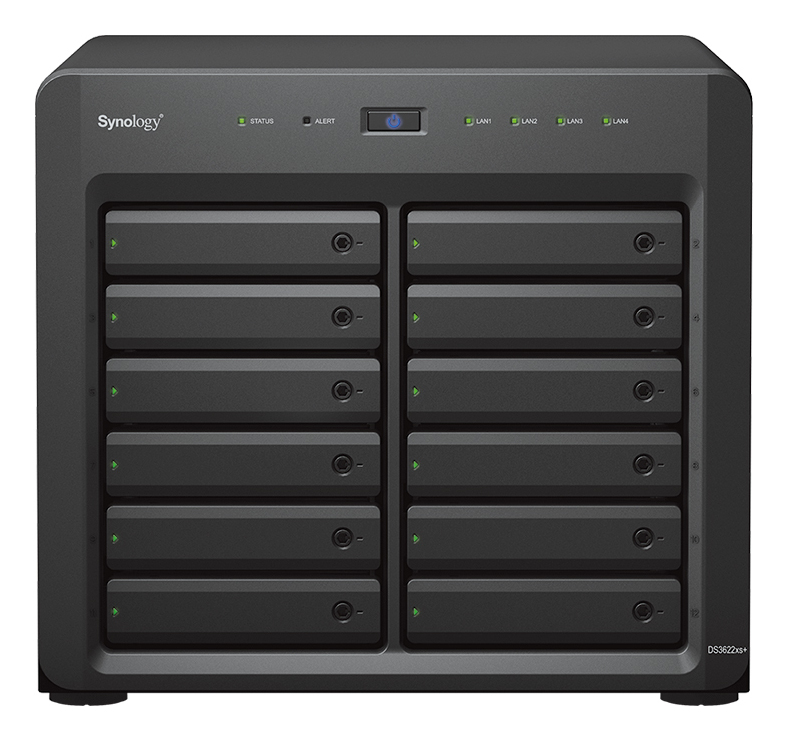 DiskStation DS3622xs+; 12 bay desktop; Intel Xeon D-1531 6-core (12-thread) 2.2 GHz; turbo boost up to 2.7 GHz; 16 GB DDR4 ECC SODIMM (expandable up to 48 GB); 1 x 1GbE RJ-45 (out-of-band management and data transfer); 2 x 1GbE RJ-45 (data transfer); 2 x thumbnail