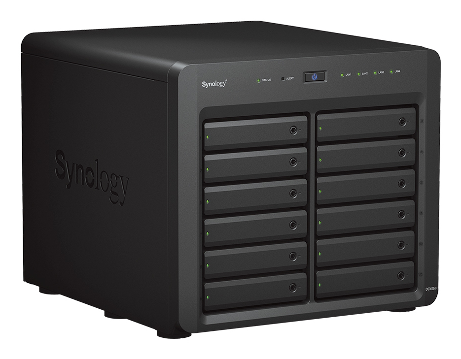 DiskStation DS3622xs+; 12 bay desktop; Intel Xeon D-1531 6-core (12-thread) 2.2 GHz; turbo boost up to 2.7 GHz; 16 GB DDR4 ECC SODIMM (expandable up to 48 GB); 1 x 1GbE RJ-45 (out-of-band management and data transfer); 2 x 1GbE RJ-45 (data transfer); 2 x thumbnail