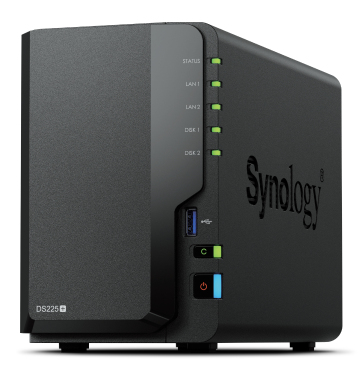 DS225+ 2-bay Plus series - Intel Celeron J4125 quad-core; 2GB non-ECC DDR4 SODIMM upgradable to 6GB using D4NS01-4G. 1 x 2.5GbE and 1 x 1GbE RJ-45 LAN port - Synology Compatible HDD required. thumbnail