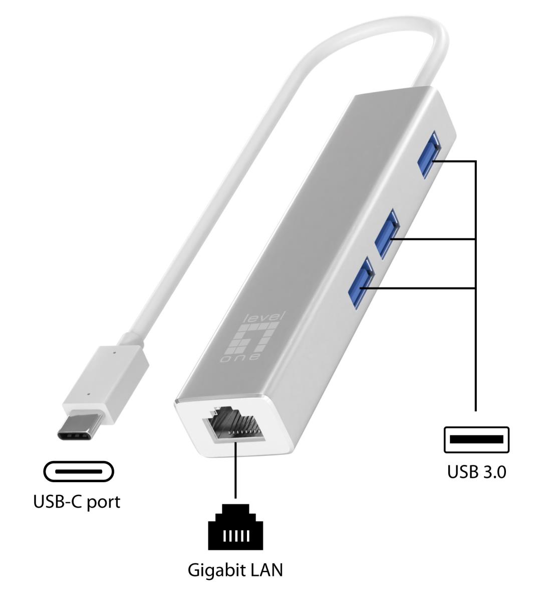 EU Product - LevelOne Adapter GigaBit    USB-C3.0->RJ45/3xUSB-A3.0  1Gbps thumbnail