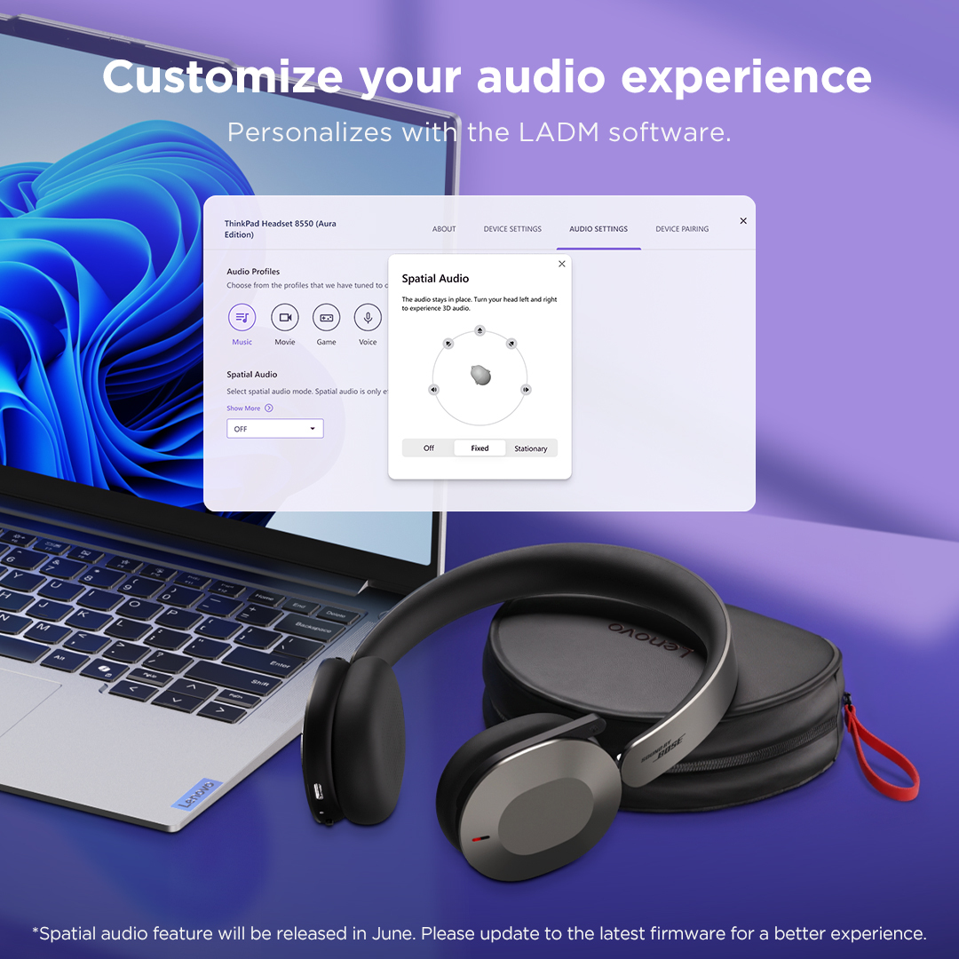 ThinkPad 8550 - Aura Edition - headset - on-ear - Bluetooth - wireless - active noise cancelling - thunder grey - Certified for Microsoft Teams thumbnail