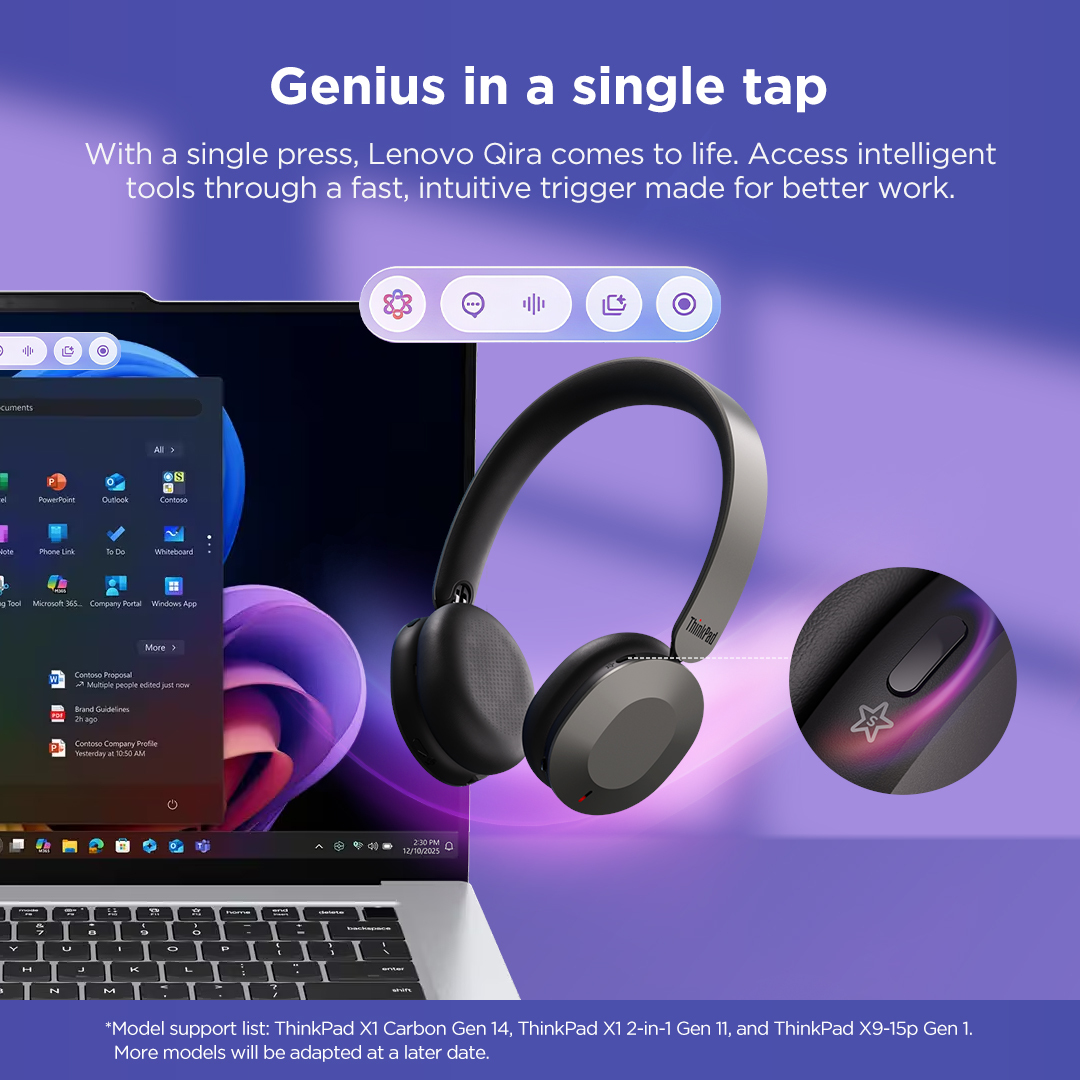 ThinkPad 8550 - Aura Edition - headset - on-ear - Bluetooth - wireless - active noise cancelling - thunder grey - Certified for Microsoft Teams thumbnail