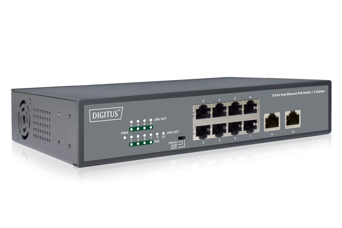EU Product - 8-Port Fast Ethernet PoE Netwrkswitch, Desktop, unmanaged, 2 Uplink Ports RJ45,120 W, af/at thumbnail