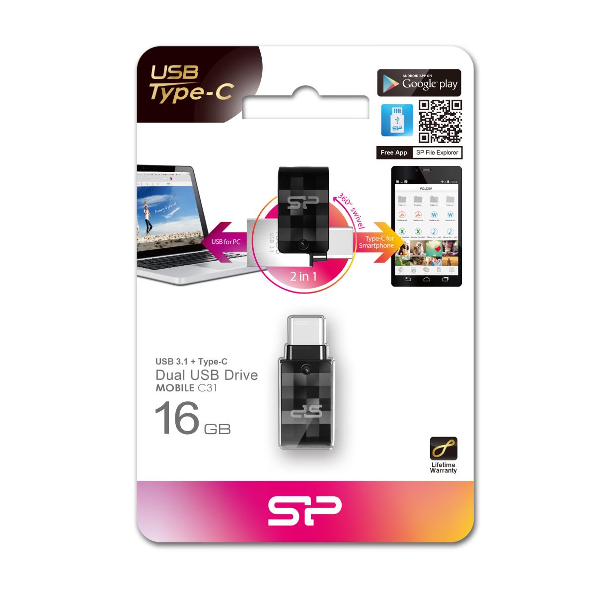 EU Product - USB-Stick 16GB USB3.2 + Typ C C31 Black thumbnail