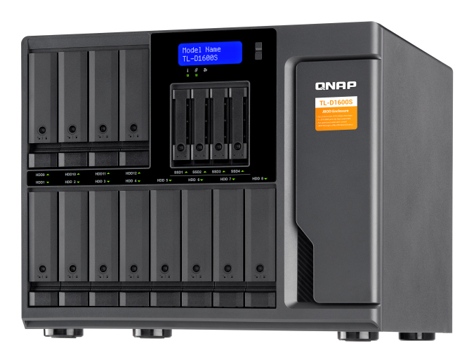 16-bay desktop SATA JBOD expansion unit with a QXP-1600eS PCIe SATA host card and 4 SFF-8088 to SFF-8644 SAS/SATA 6Gb/s external cables. thumbnail