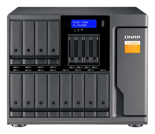 16-bay desktop SATA JBOD expansion unit with a QXP-1600eS PCIe SATA host card and 4 SFF-8088 to SFF-8644 SAS/SATA 6Gb/s external cables. thumbnail