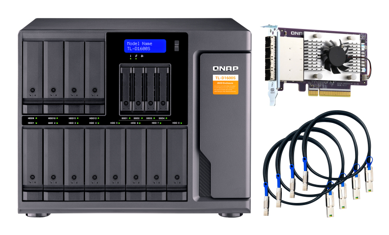 16-bay desktop SATA JBOD expansion unit with a QXP-1600eS PCIe SATA host card and 4 SFF-8088 to SFF-8644 SAS/SATA 6Gb/s external cables. thumbnail
