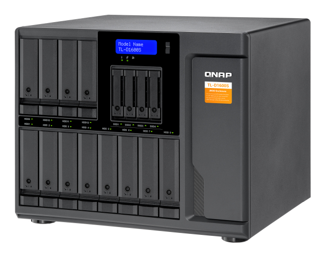 16-bay desktop SATA JBOD expansion unit with a QXP-1600eS PCIe SATA host card and 4 SFF-8088 to SFF-8644 SAS/SATA 6Gb/s external cables. thumbnail