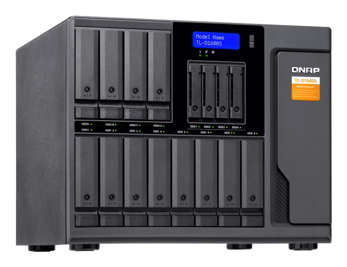 16-bay desktop SATA JBOD expansion unit with a QXP-1600eS PCIe SATA host card and 4 SFF-8088 to SFF-8644 SAS/SATA 6Gb/s external cables. thumbnail