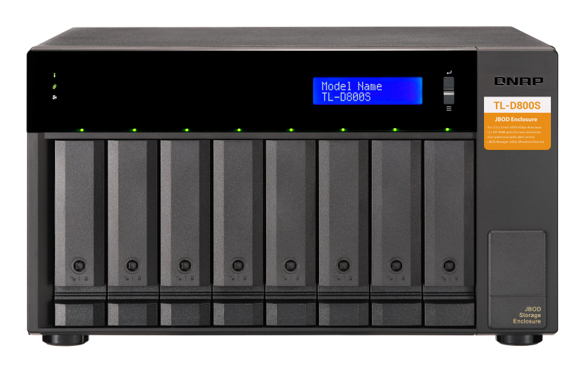 8-bay desktop SATA JBOD expansion unit with a QXP-800eS-A1164 PCIe SATA host card and 2 SFF-8088 to SFF-8088 SAS/SATA 6Gb/s external cables. thumbnail