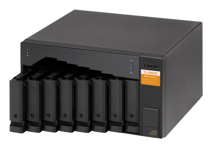 8-bay desktop SATA JBOD expansion unit with a QXP-800eS-A1164 PCIe SATA host card and 2 SFF-8088 to SFF-8088 SAS/SATA 6Gb/s external cables. thumbnail
