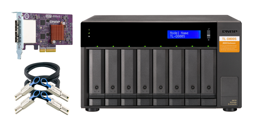 8-bay desktop SATA JBOD expansion unit with a QXP-800eS-A1164 PCIe SATA host card and 2 SFF-8088 to SFF-8088 SAS/SATA 6Gb/s external cables. thumbnail