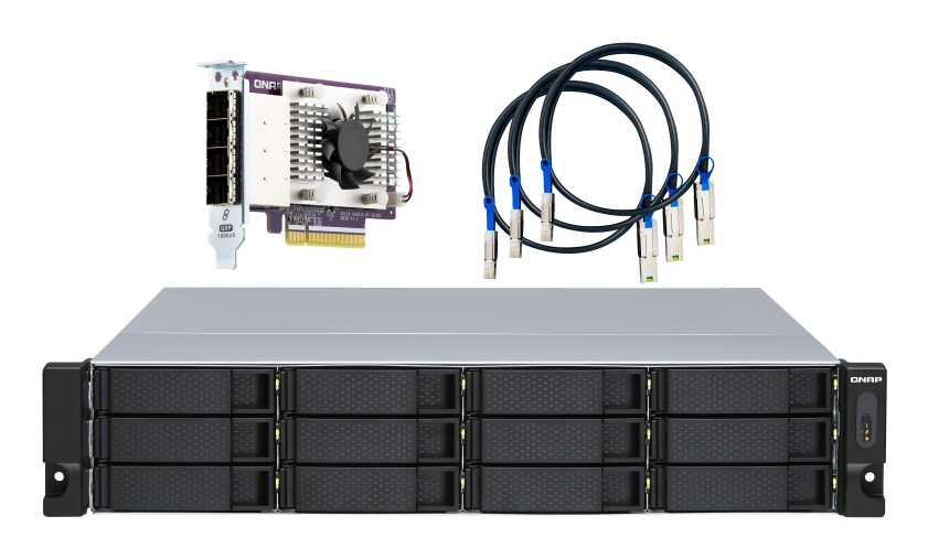 12-bay 2U rackmount SATA JBOD expansion unit redundant PSU with a QXP-1600eS PCIe SATA host card and 3 SFF-8088 to SFF-8644 SAS/SATA 6Gb/s external cables. thumbnail