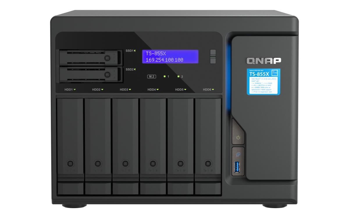 8-Bay NAS Intel Atom C5125 8-core/8-thread 2.8GHz processor 8 GB UDIMM DDR4 non-ECC (1 x 8GB) 4x UDIMM DDR4 slots with ECC supported 6x 2.5/3.5 SATA HDD/SSD bays + 2x 2.5 SATA SSD bays 2x M.2 2280 PCIe Gen3 x4 slots 1x 10GBASE-T 2x 2.5GbE (RJ-45)3x U thumbnail