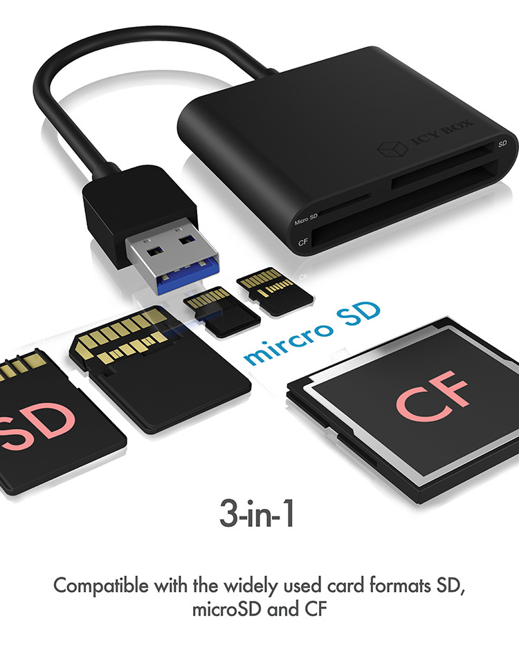 EU Product - MultiReader IcyBox       3xCard CF,SD,microSD IB-CR301-U3 retail thumbnail