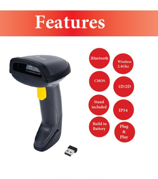 EU Product - Barcode Handscanner 2D Laser mit Halterung 2.4GHz sw - Hand Scanner thumbnail