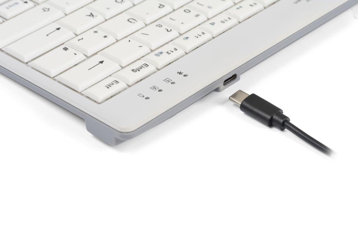 BakkerElkhuizen Ultraboard 950 Compact Wireless/Wired Multimedia keyboard; supoprt for 2.4Ghz RF; Bluetooth and/or USB-C and USB-A connection. Adjustable rear height; concave scissor key caps; hotkeys; integrated multimedia keys; and status LEDs for effic thumbnail