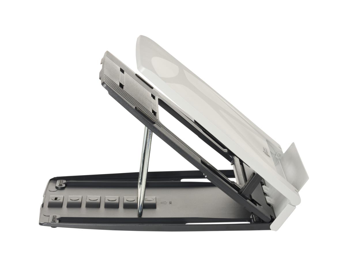 BakkerElkhuizen Q-330C 'Circular' Laptop Stand with integrated document slope is manufactured using 96% recycled materials and is fully recyclable - ECO. Height adjustable its lightweight design; just 485g folds flat to 228mm x 310mm x 13mm. Includes 5 ye thumbnail