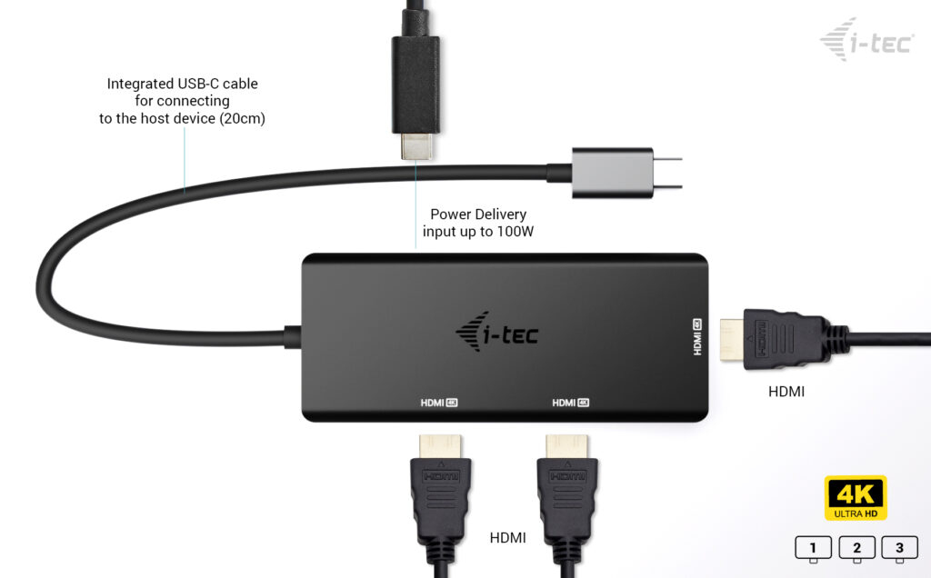 (NEW) i-tec Universal USB-C Triple 4K HDMI Video Adapter, Usb-C Power Delivery 100W, tethered 20cm cable thumbnail
