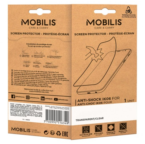 This screen protector with Clear finish has the IK06 standard, the best anti-shocks protection on the market. Flexible and unbreakable, it protects your screen against shocks, breakages and scratches. Easy to install and delivered with a cleaning kit thumbnail
